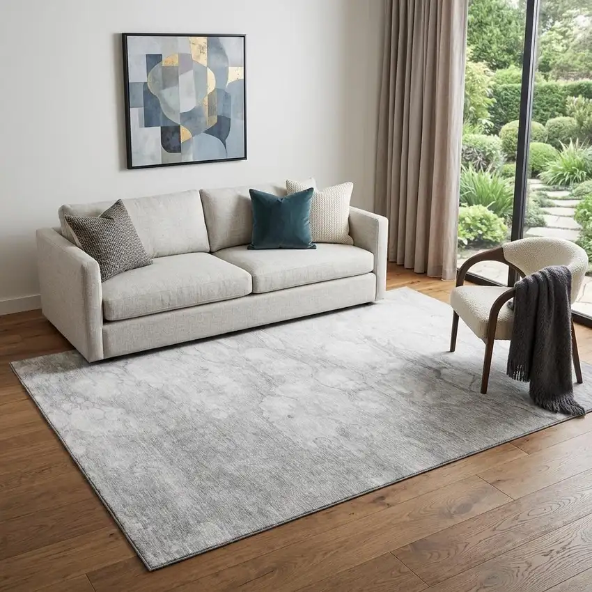 Silver And Gray Abstract Washable Area Rug With UV Protection Photo 1