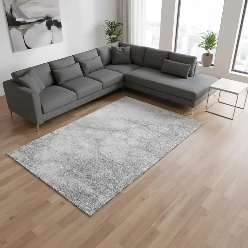 Silver And Gray Abstract Washable Area Rug With UV Protection Photo 1