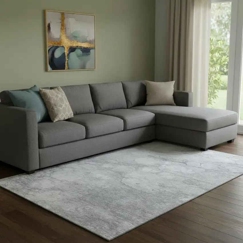 Silver And Gray Abstract Washable Area Rug With UV Protection Photo 1