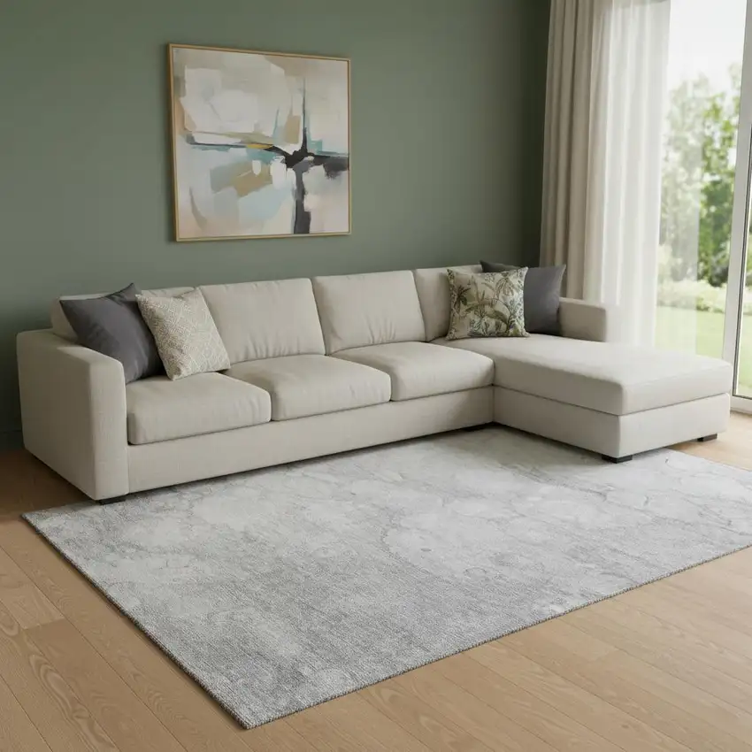 Silver And Gray Abstract Washable Area Rug With UV Protection Photo 1