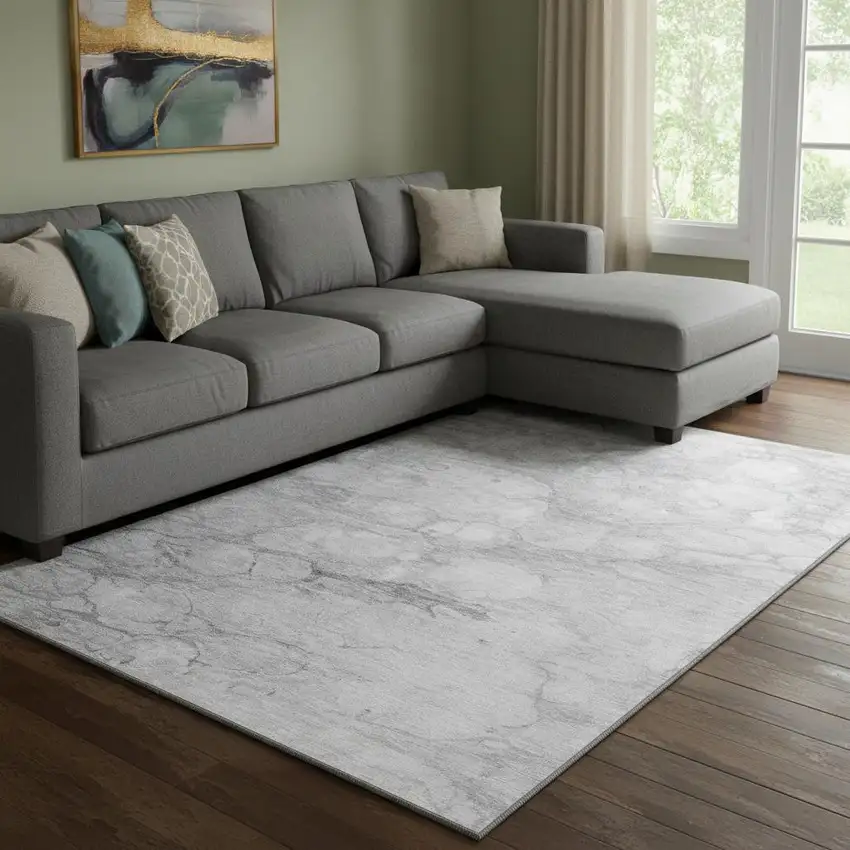Silver And Gray Abstract Washable Area Rug With UV Protection Photo 1