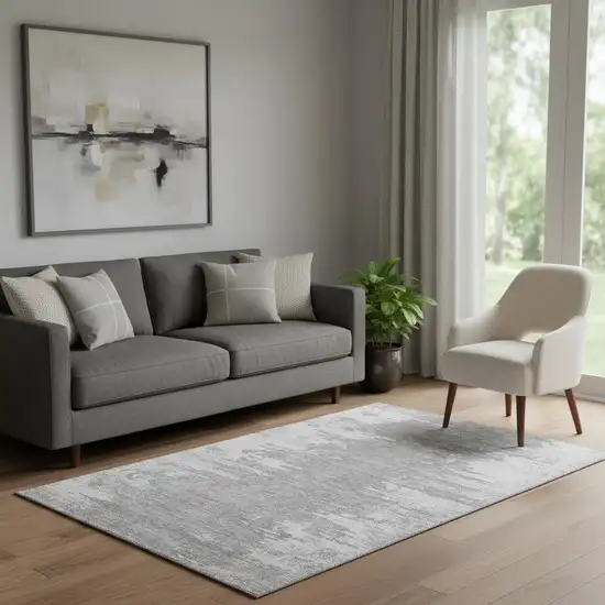 Silver And Gray Abstract Washable Area Rug With UV Protection Photo 1