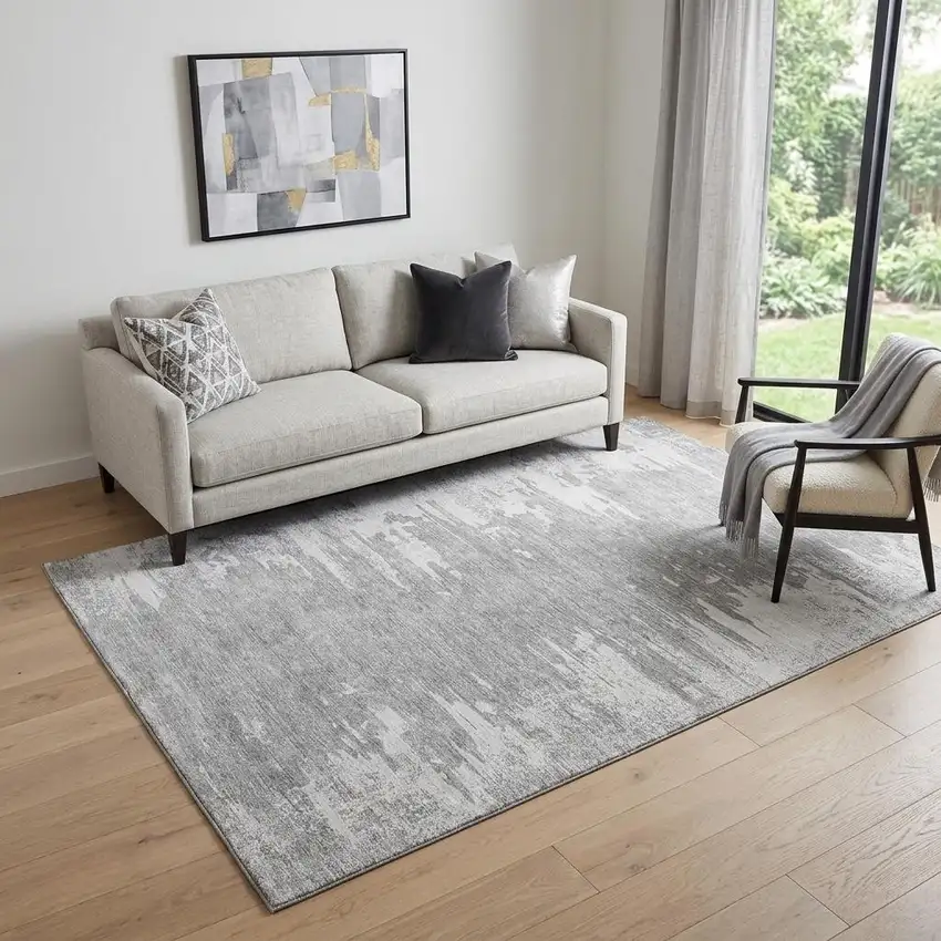 Silver And Gray Abstract Washable Area Rug With UV Protection Photo 1