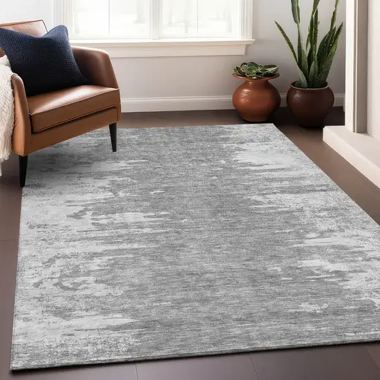 Silver And Gray Abstract Washable Area Rug With UV Protection Photo 6
