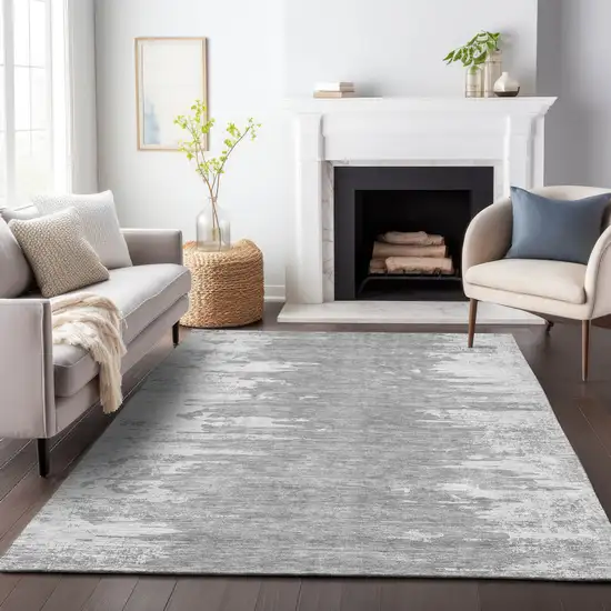 Silver And Gray Abstract Washable Area Rug With UV Protection Photo 5