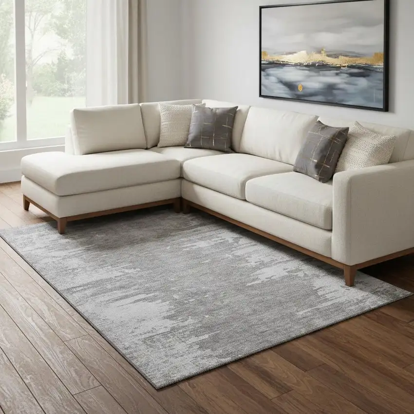 Silver And Gray Abstract Washable Area Rug With UV Protection Photo 1