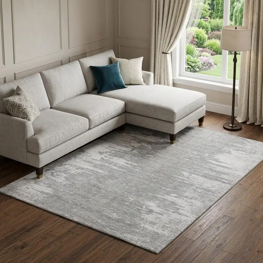 Silver And Gray Abstract Washable Area Rug With UV Protection Photo 1