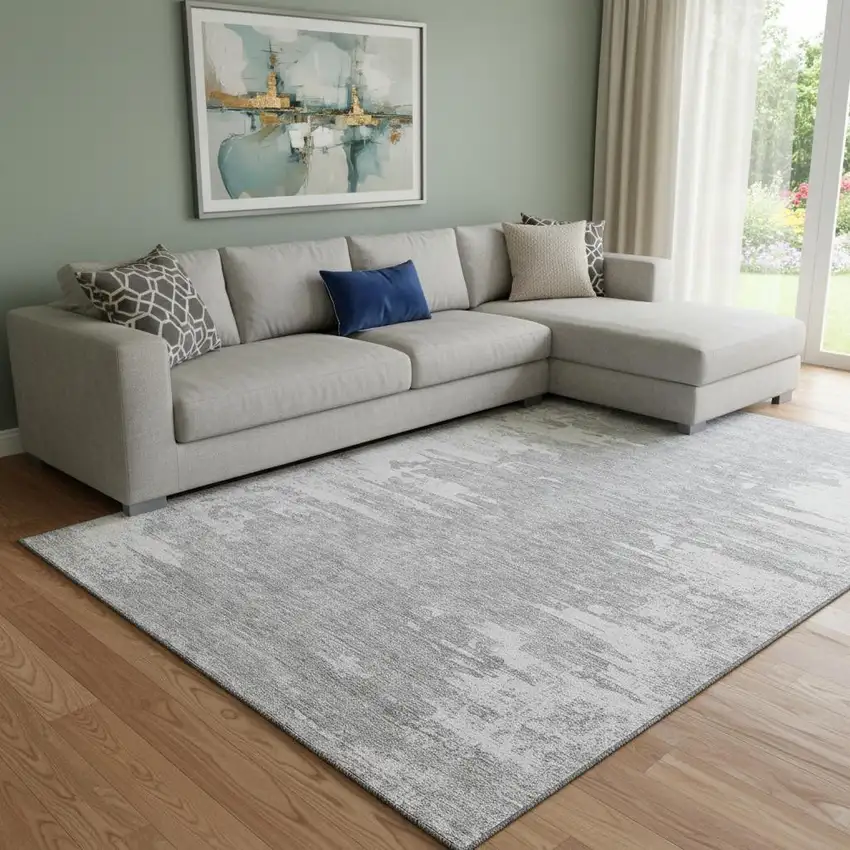 Silver And Gray Abstract Washable Area Rug With UV Protection Photo 1