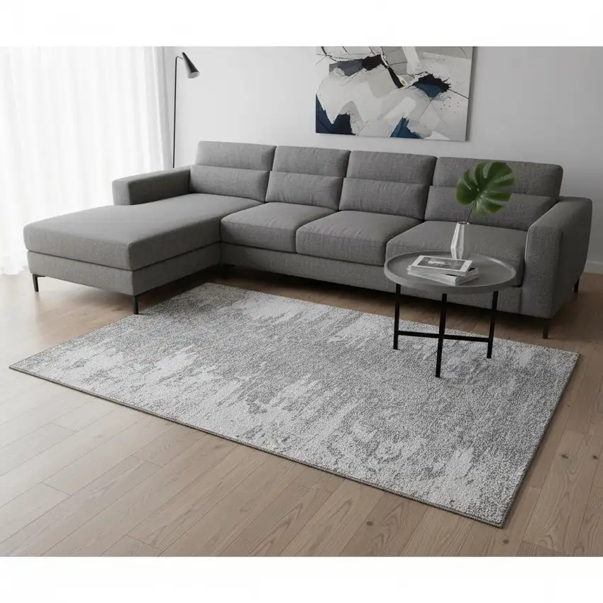 Silver And Gray Abstract Washable Area Rug With UV Protection Photo 1