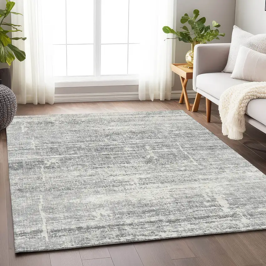 Silver And Gray Abstract Washable Area Rug With UV Protection Photo 5