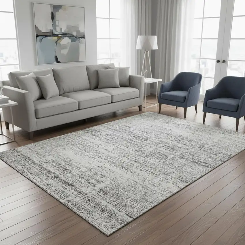 Silver And Gray Abstract Washable Area Rug With UV Protection Photo 2