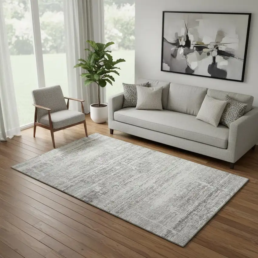 Silver And Gray Abstract Washable Area Rug With UV Protection Photo 1