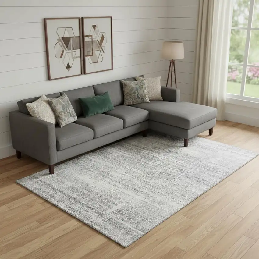 Silver And Gray Abstract Washable Area Rug With UV Protection Photo 1