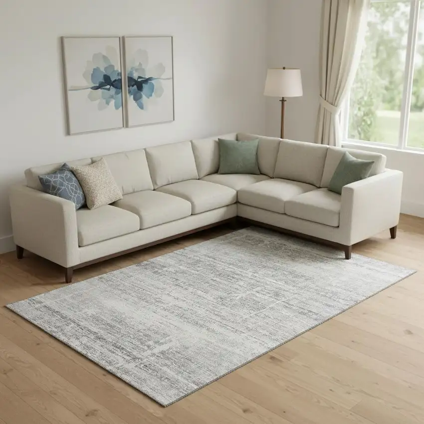 Silver And Gray Abstract Washable Area Rug With UV Protection Photo 1