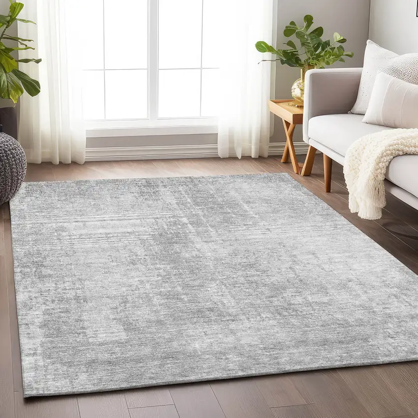 Silver And Gray Abstract Washable Area Rug With UV Protection Photo 5