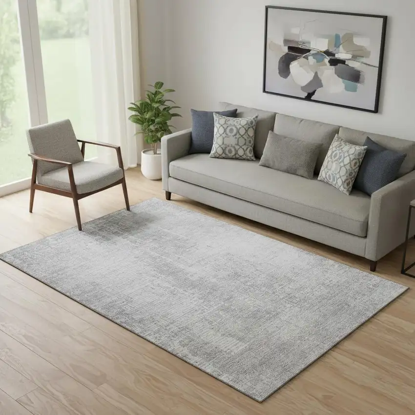 Silver And Gray Abstract Washable Area Rug With UV Protection Photo 1