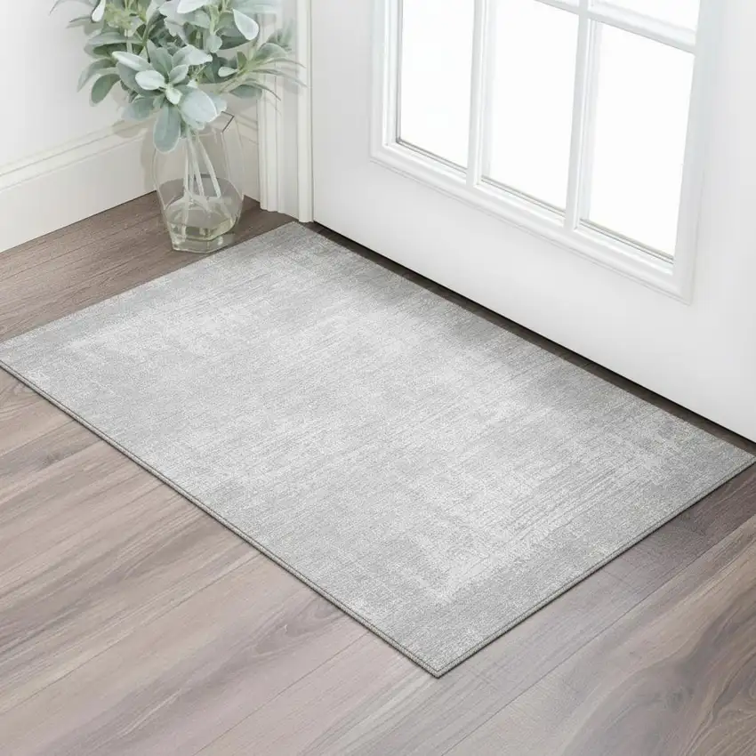 Silver And Gray Abstract Washable Area Rug With UV Protection Photo 1