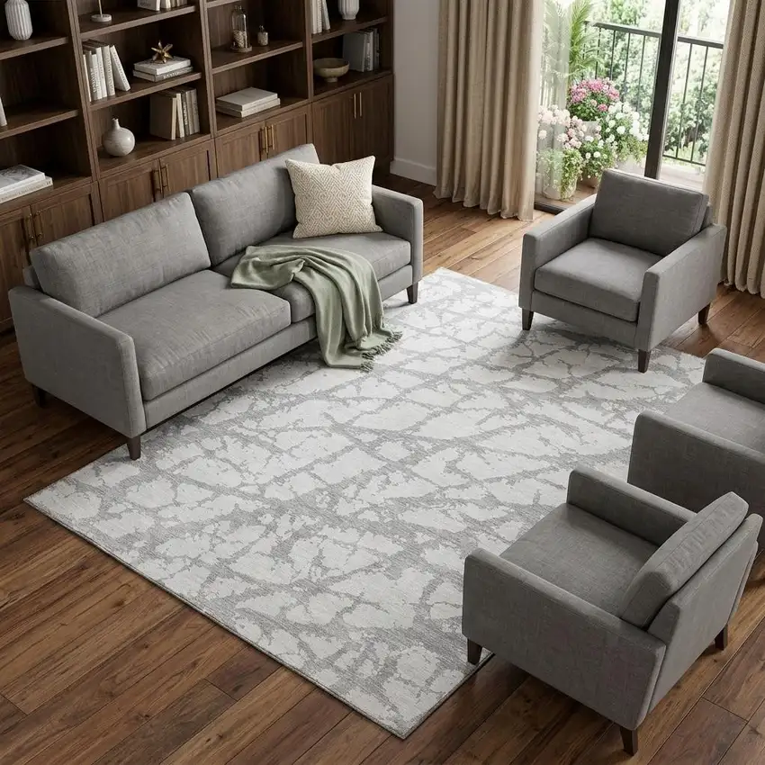 Silver And Gray Abstract Washable Area Rug With UV Protection Photo 1