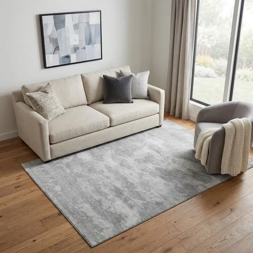 Silver And Gray Abstract Washable Area Rug With UV Protection Photo 1