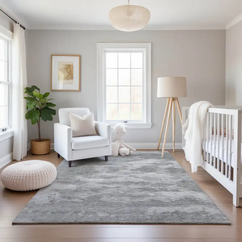 Silver And Gray Abstract Washable Area Rug With UV Protection Photo 5