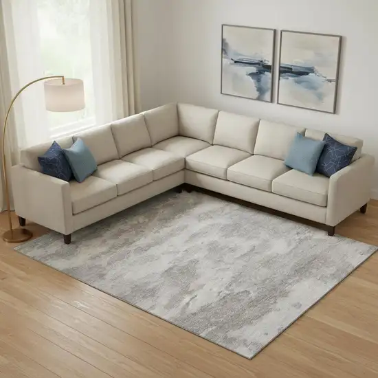 Silver And Gray Abstract Washable Area Rug With UV Protection Photo 2