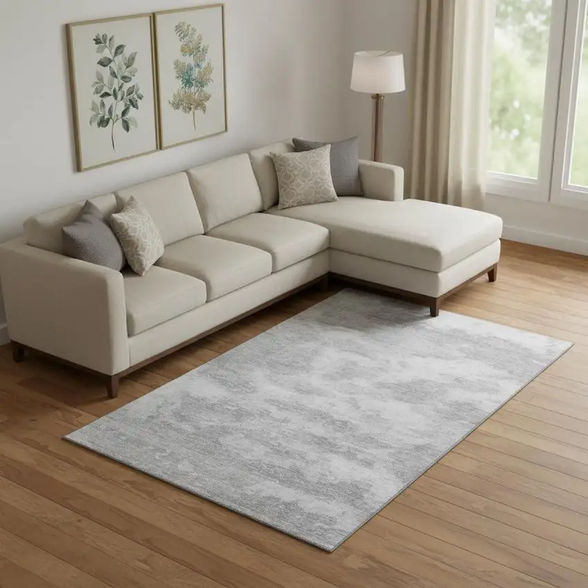 Silver And Gray Abstract Washable Area Rug With UV Protection Photo 2