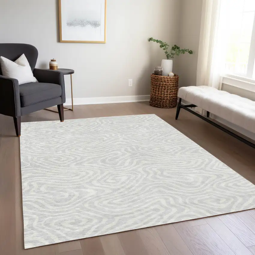 Silver And Gray Abstract Washable Indoor Outdoor Area Rug Photo 9