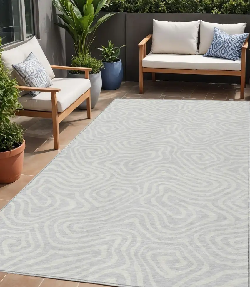 Silver And Gray Abstract Washable Indoor Outdoor Area Rug Photo 1