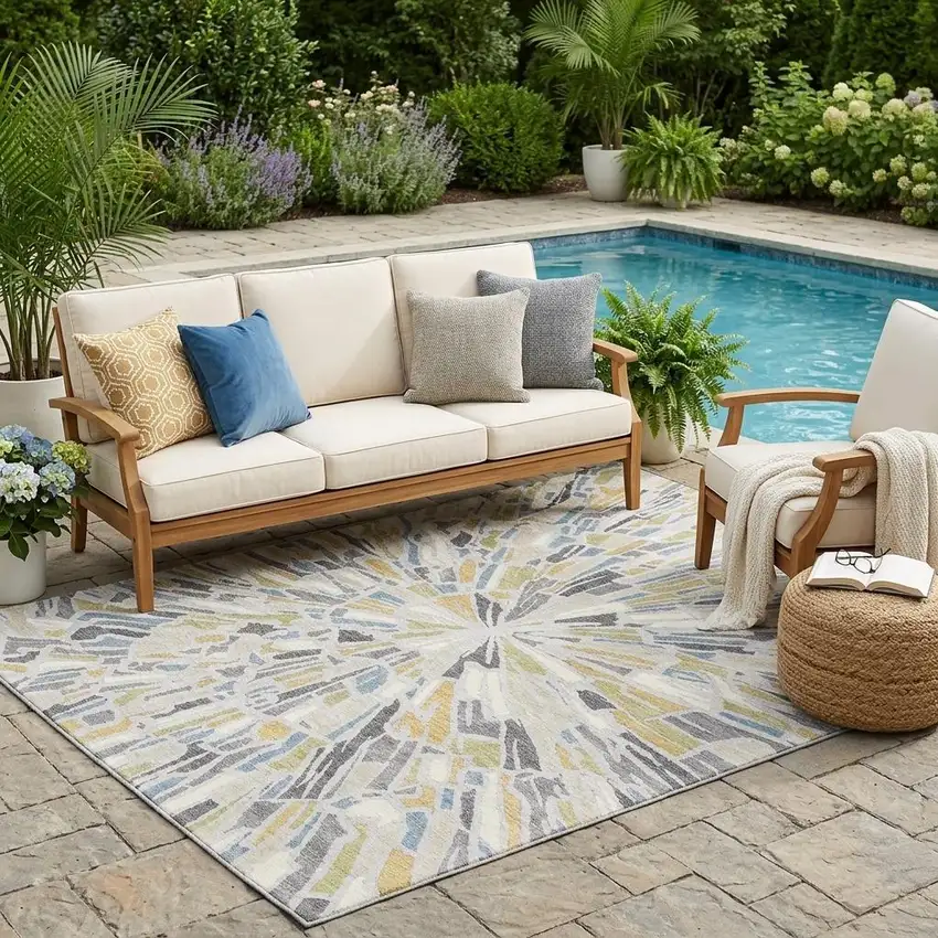 Silver And Gray Abstract Washable Indoor Outdoor Area Rug Photo 1