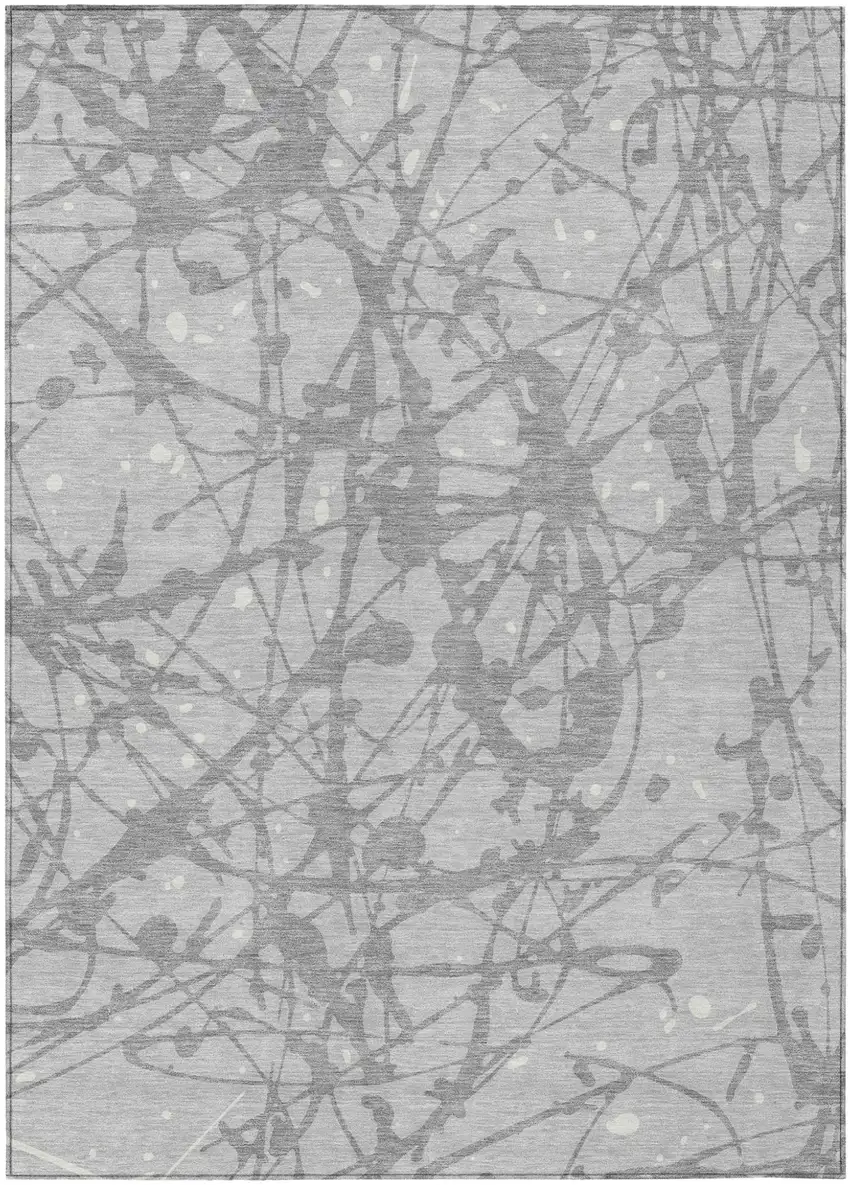 Silver And Gray Abstract Washable Indoor Outdoor Area Rug Photo 1