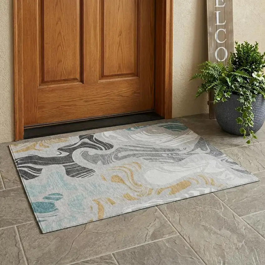 Silver And Gray Abstract Washable Indoor Outdoor Area Rug Photo 1