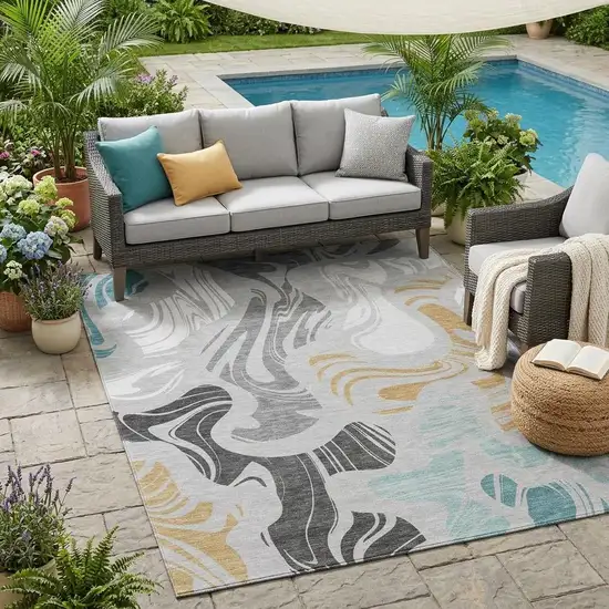 Silver And Gray Abstract Washable Indoor Outdoor Area Rug Photo 1