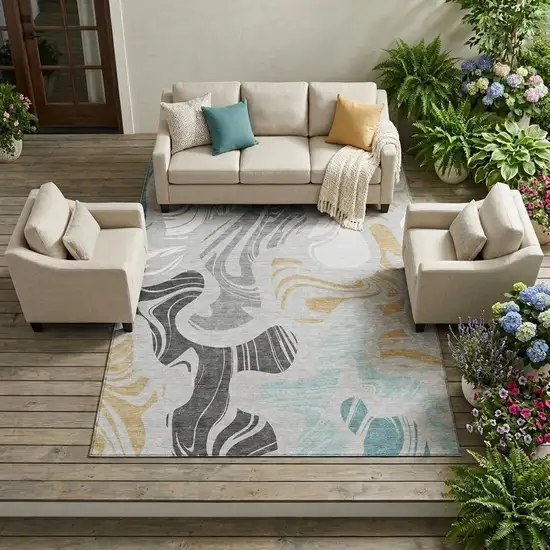 Silver And Gray Abstract Washable Indoor Outdoor Area Rug Photo 1