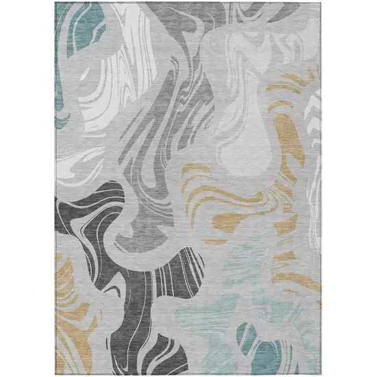 Silver And Gray Abstract Washable Indoor Outdoor Area Rug Photo 2