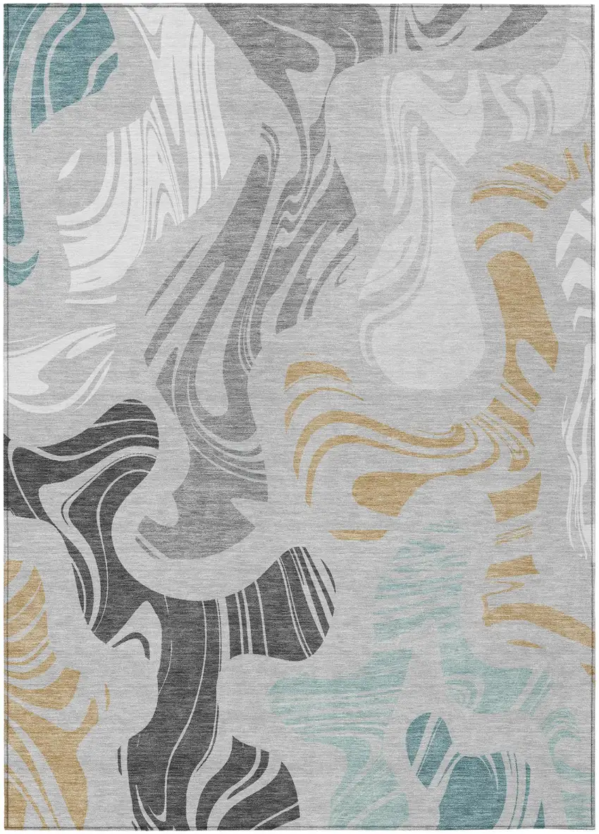 Silver And Gray Abstract Washable Indoor Outdoor Area Rug Photo 2
