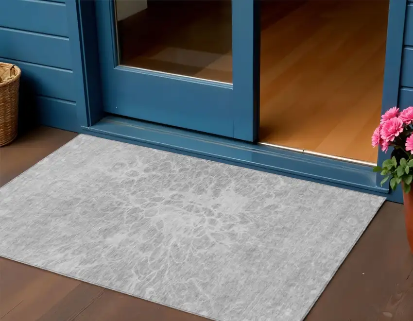 Silver And Gray Abstract Washable Indoor Outdoor Area Rug Photo 1