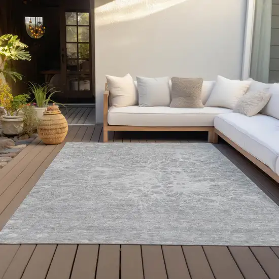 Silver And Gray Abstract Washable Indoor Outdoor Area Rug Photo 8