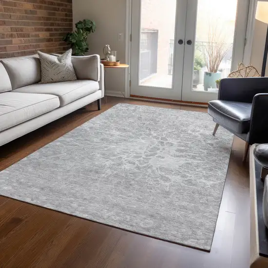 Silver And Gray Abstract Washable Indoor Outdoor Area Rug Photo 9