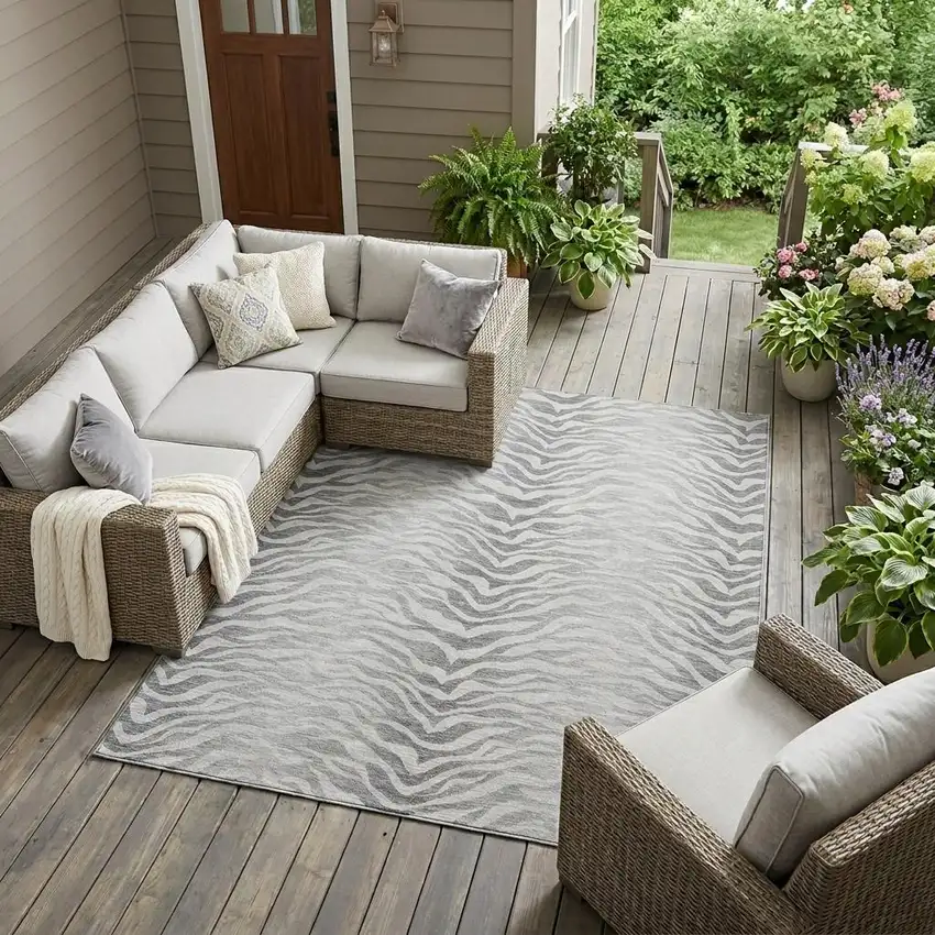 Silver And Gray Animal Print Washable Indoor Outdoor Area Rug Photo 1