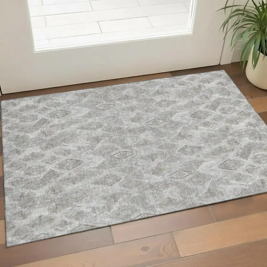 Silver And Gray Diamond Washable Area Rug With UV Protection Photo 1