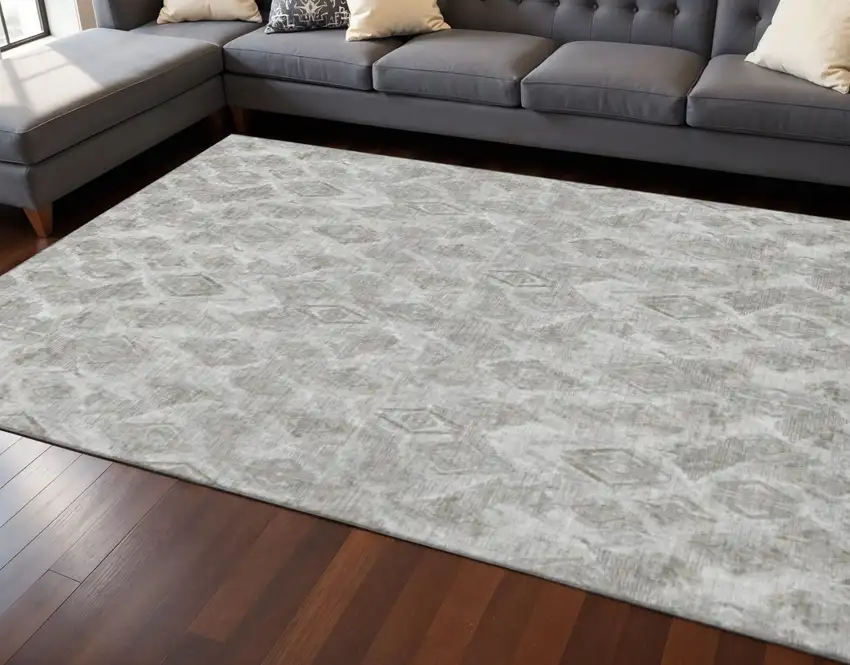 Silver And Gray Diamond Washable Area Rug With UV Protection Photo 2