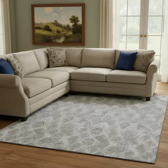 Silver And Gray Diamond Washable Area Rug With UV Protection Photo 1