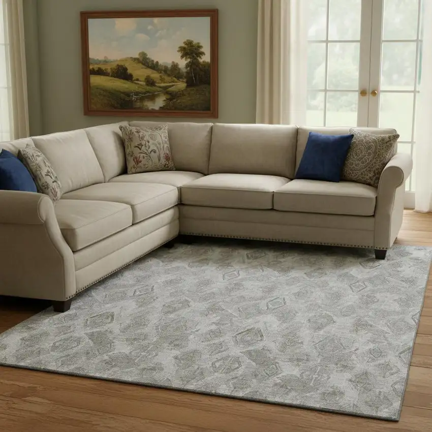 Silver And Gray Diamond Washable Area Rug With UV Protection Photo 1