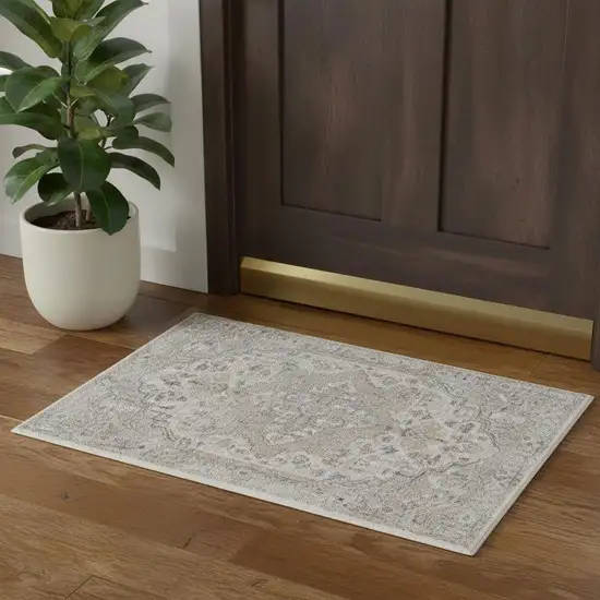 Silver And Gray Floral Medallion Washable Area Rug Photo 1