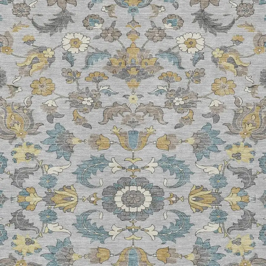 Silver And Gray Floral Medallion Washable Indoor Outdoor Area Rug Photo 2