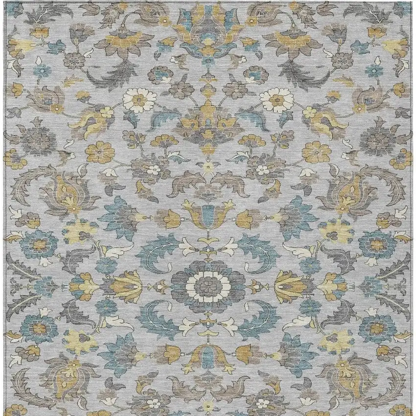 Silver And Gray Floral Medallion Washable Indoor Outdoor Area Rug Photo 3