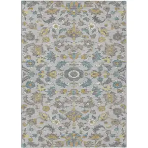 Photo of Silver And Gray Floral Medallion Washable Indoor Outdoor Area Rug