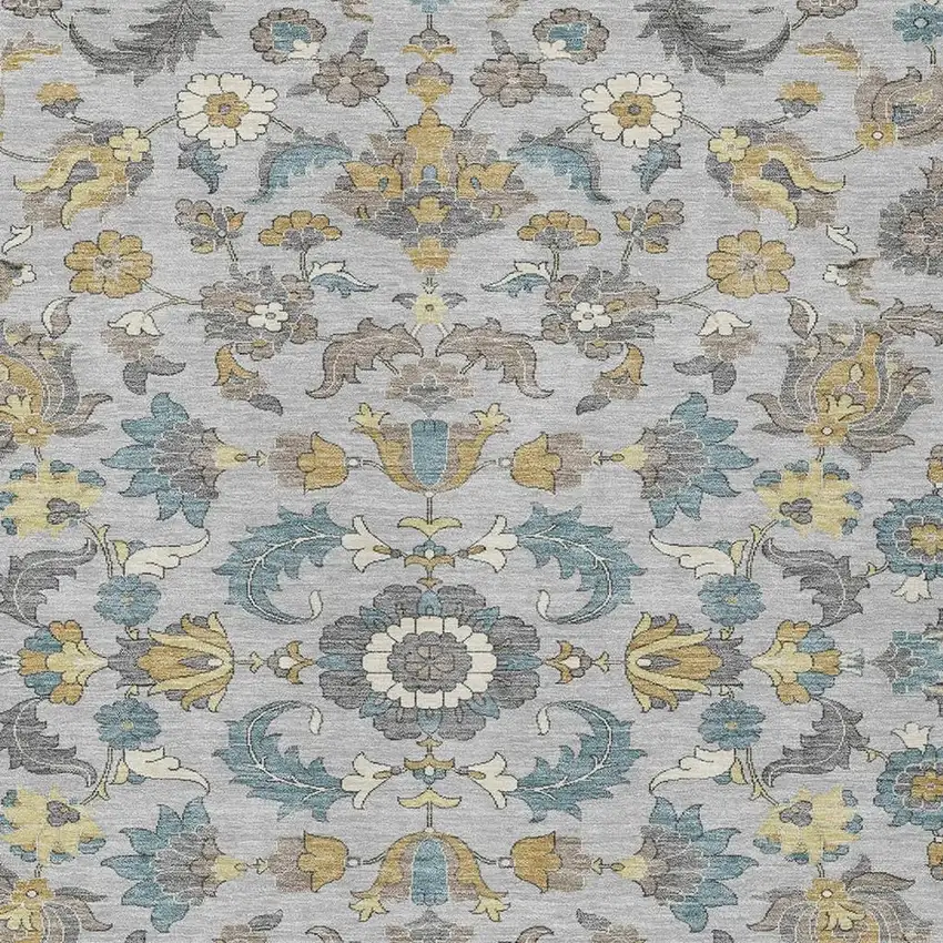 Silver And Gray Floral Medallion Washable Indoor Outdoor Area Rug Photo 2