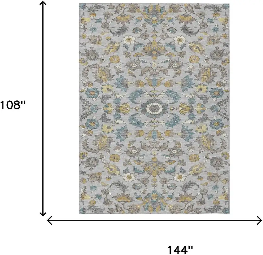 Silver And Gray Floral Medallion Washable Indoor Outdoor Area Rug Photo 6