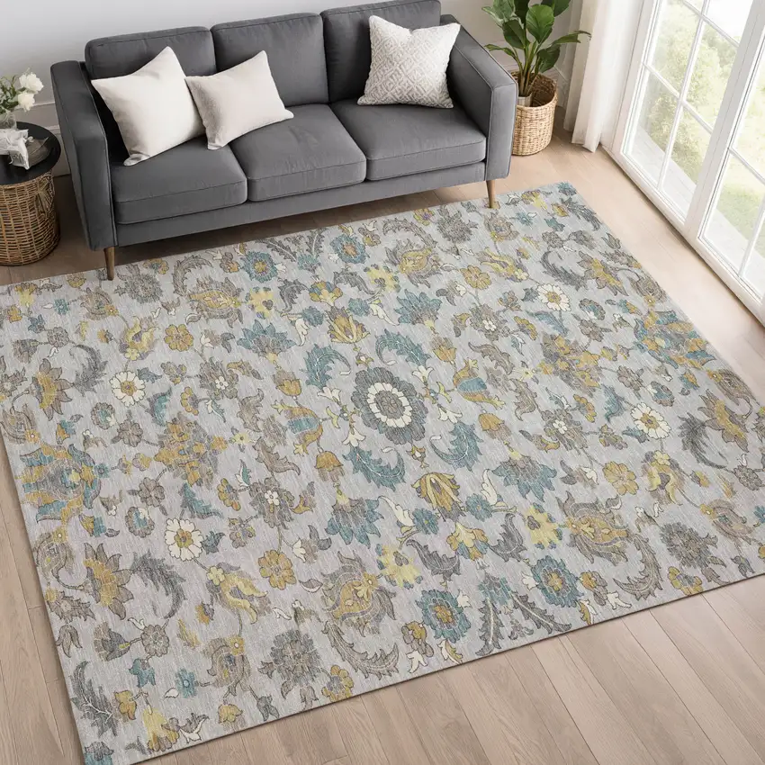 Silver And Gray Floral Medallion Washable Indoor Outdoor Area Rug Photo 6